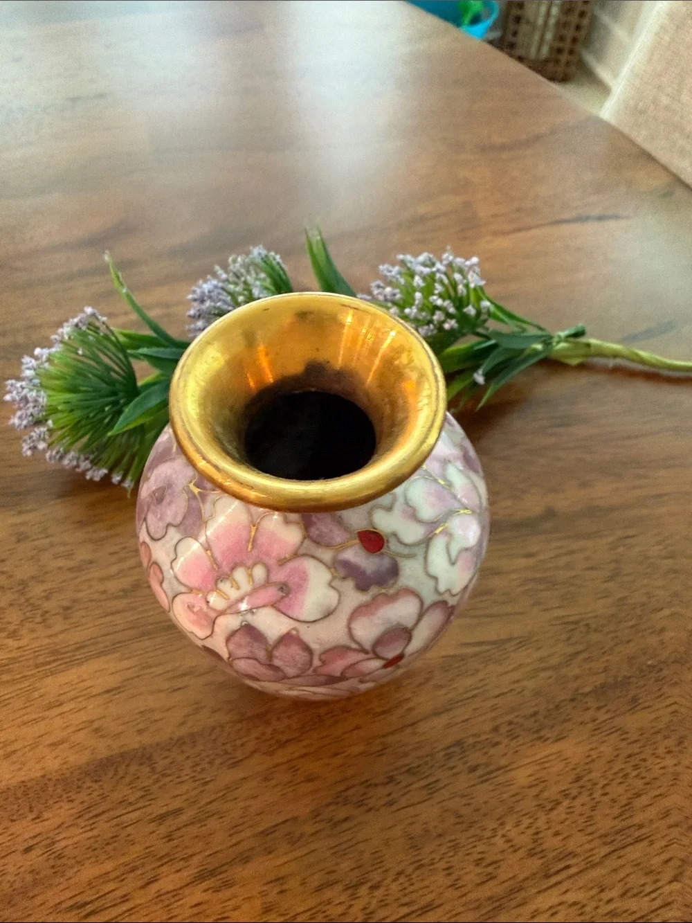 Retro Chic Pink Floral Cloisonné Mini Vase with Gold Accents